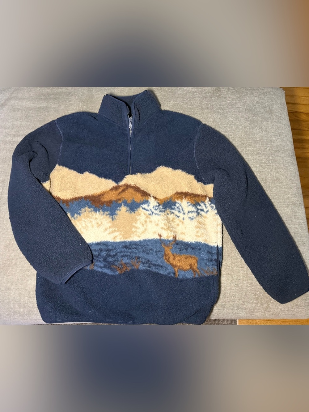 Old Navy Navy Sherpa Half-Zip Sweater with Mountain and Elk Pattern